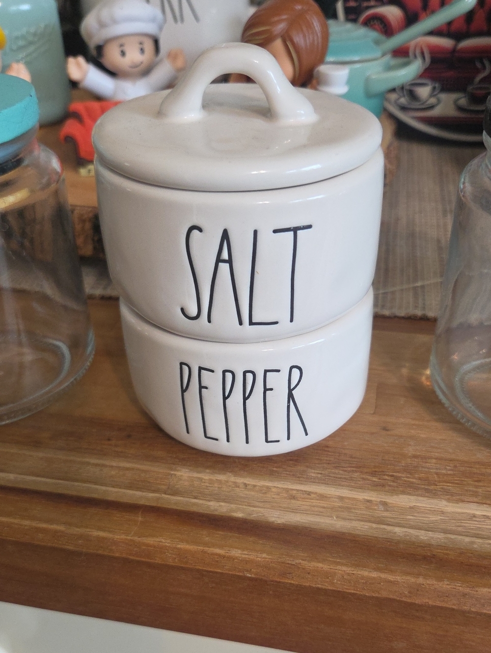 Rae Dunn White Stackable SALT & PEPPER Ceramic Canister Set